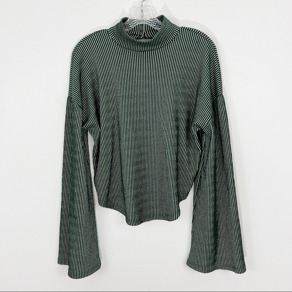 Free People Beach Flare Sleeve Mock Neck Striped Top Large Green